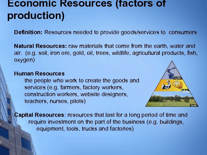Economic Resources (factors of production) Definition: Resources needed to provide goods/services to consumers Natural
