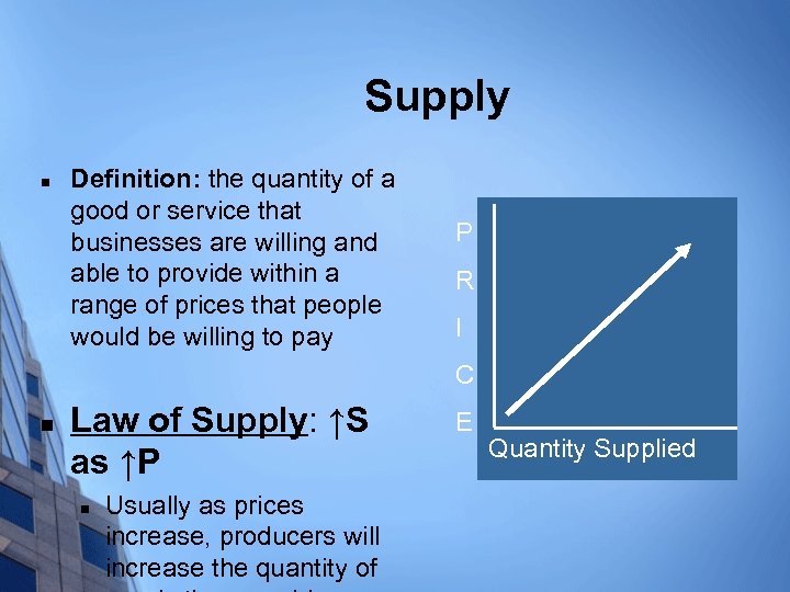 Supply n Definition: the quantity of a good or service that businesses are willing