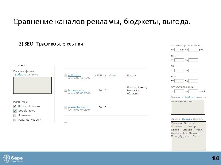 Сравнение каналов рекламы, бюджеты, выгода. 2) SEO. Трафиковые ссылки 14 