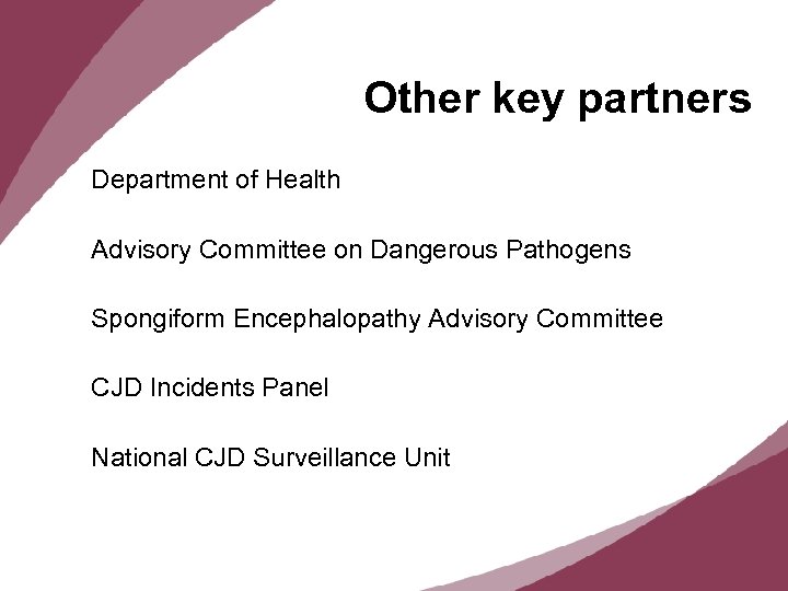 Other key partners Department of Health Advisory Committee on Dangerous Pathogens Spongiform Encephalopathy Advisory