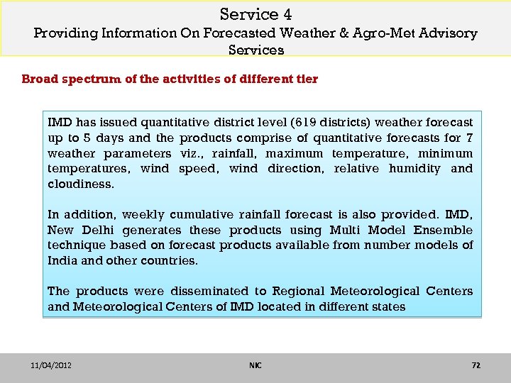 Service 4 Providing Information On Forecasted Weather & Agro-Met Advisory Services Broad spectrum of