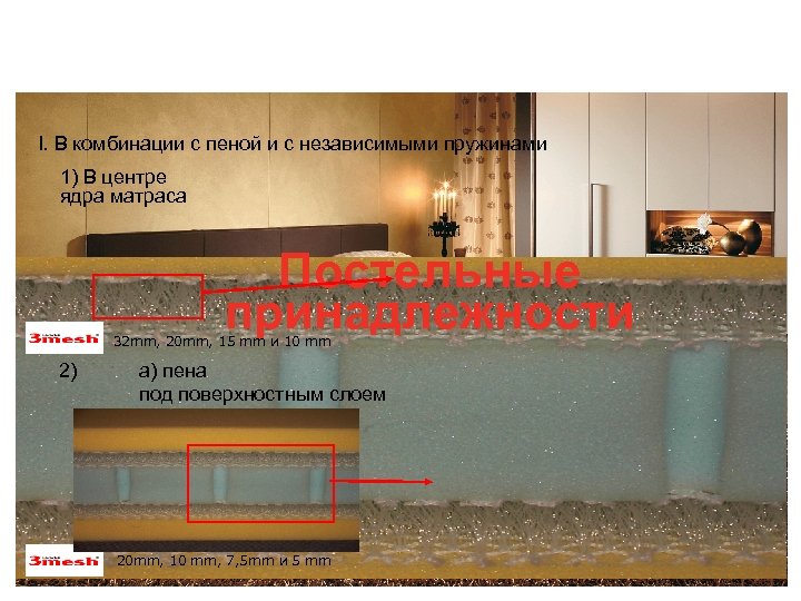 I. В комбинации с пеной и с независимыми пружинами 1) В центре ядра матраса