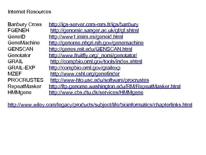 Internet Resources Banbury Cross FGENEH Gene. ID Gene. Machine GENSCAN Genotator GRAIL-EXP MZEF PROCRUSTES