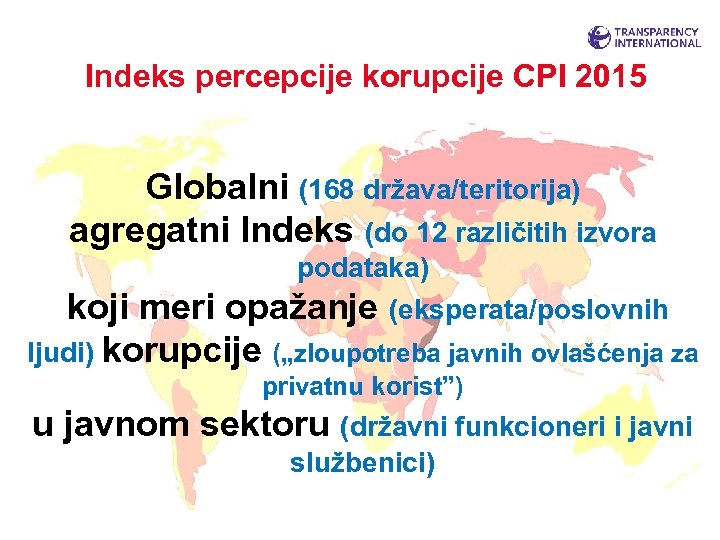 Indeks percepcije korupcije CPI 2015 Globalni (168 država/teritorija) agregatni Indeks (do 12 različitih izvora