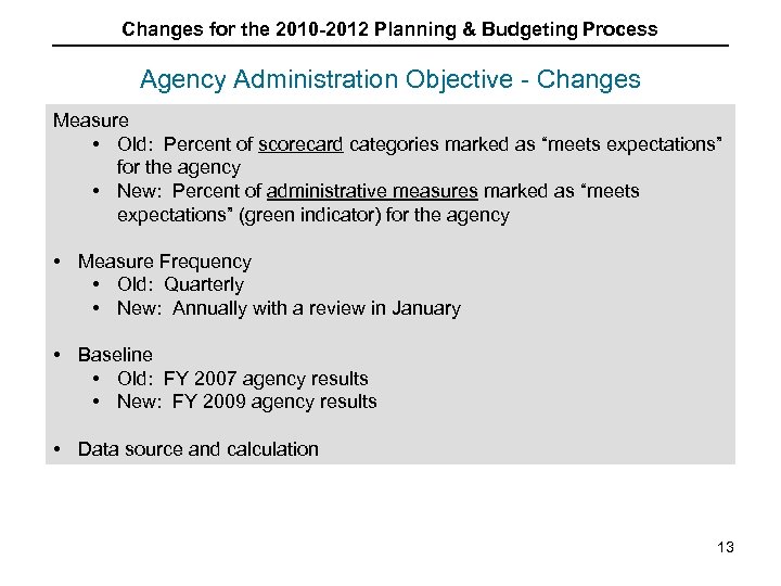 Changes for the 2010 -2012 Planning & Budgeting Process Agency Administration Objective - Changes