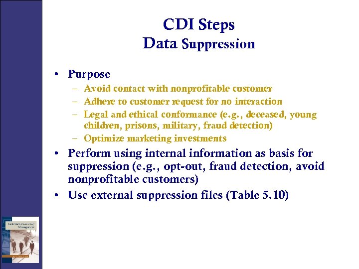 CDI Steps Data Suppression • Purpose – Avoid contact with nonprofitable customer – Adhere