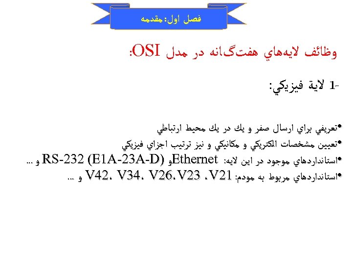  ﻓﺼﻞ ﺍﻭﻝ: ﻣﻘﺪﻣﻪ ﻭﻇﺎﺋﻒ ﻻﻳﻪﻫﺎﻱ ﻫﻔﺖگﺎﻧﻪ ﺩﺭ ﻣﺪﻝ : OSI 1 ﻻﻳﺔ ﻓﻴﺰﻳﻜﻲ: