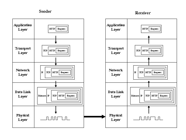 Sender Application Layer Transport Layer Network Layer Data Link Layer Physical Layer Receiver HTTP