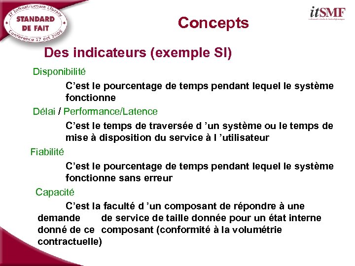 Concepts Des indicateurs (exemple SI) Disponibilité C’est le pourcentage de temps pendant lequel le