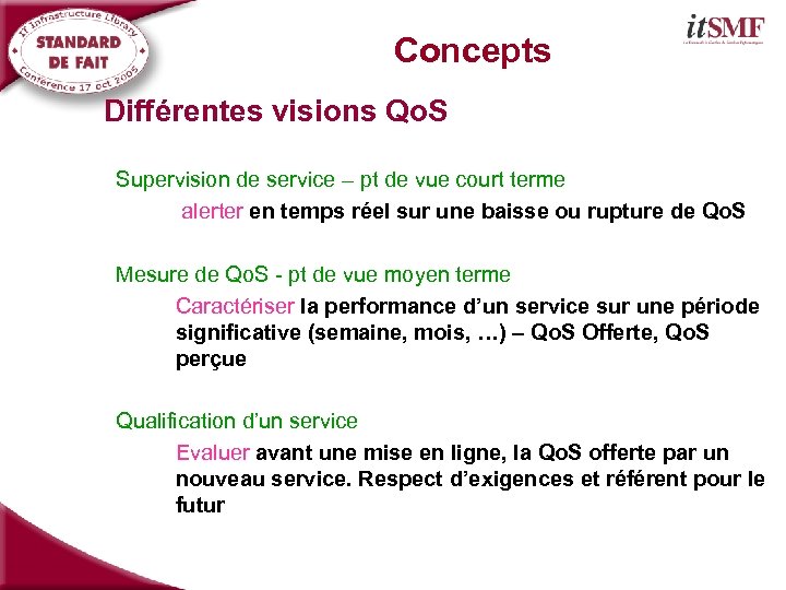 Concepts Différentes visions Qo. S Supervision de service – pt de vue court terme