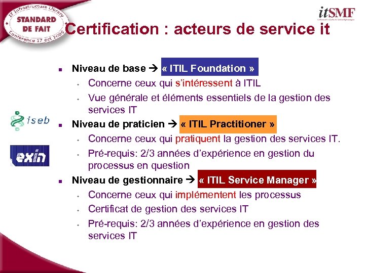 Introduction: Niveau de certification Certification : acteurs de service it n n n Niveau