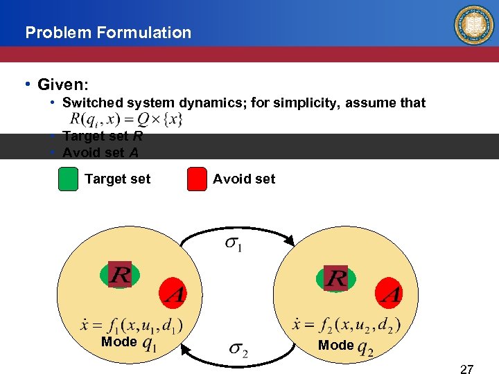 Problem Formulation • Given: • Switched system dynamics; for simplicity, assume that • Target