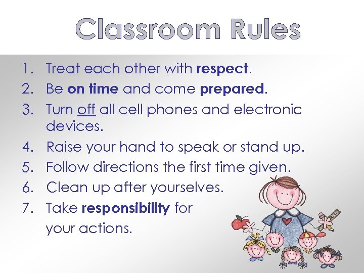 1. Treat each other with respect. 2. Be on time and come prepared. 3.