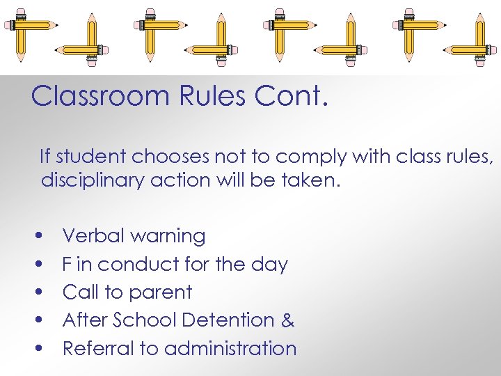 Classroom Rules Cont. If student chooses not to comply with class rules, disciplinary action