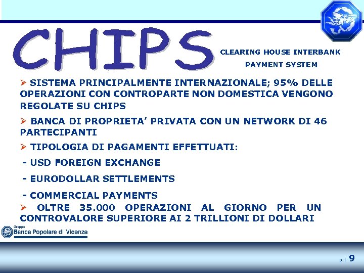 CLEARING HOUSE INTERBANK PAYMENT SYSTEM Ø SISTEMA PRINCIPALMENTE INTERNAZIONALE; 95% DELLE OPERAZIONI CONTROPARTE NON