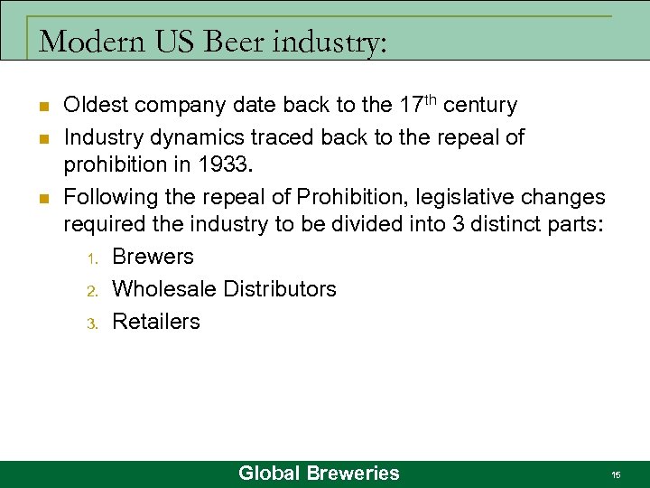 Modern US Beer industry: n n n Oldest company date back to the 17