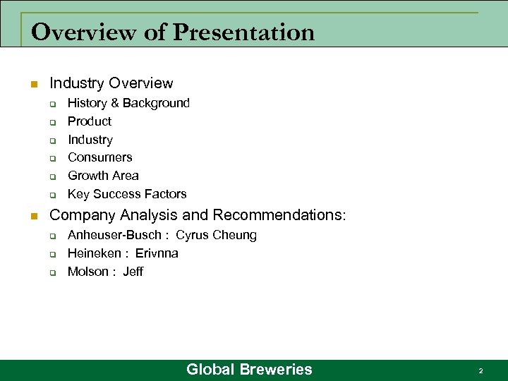 Overview of Presentation n Industry Overview q q q n History & Background Product