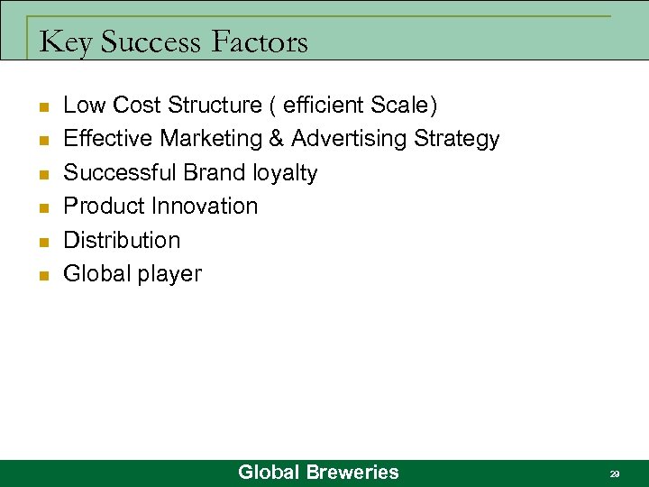Key Success Factors n n n Low Cost Structure ( efficient Scale) Effective Marketing