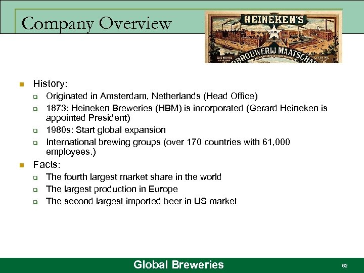 Company Overview n History: q q n Originated in Amsterdam, Netherlands (Head Office) 1873: