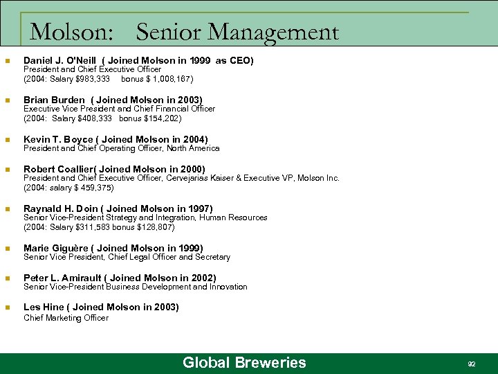 Molson: Senior Management n Daniel J. O'Neill ( Joined Molson in 1999 as CEO)