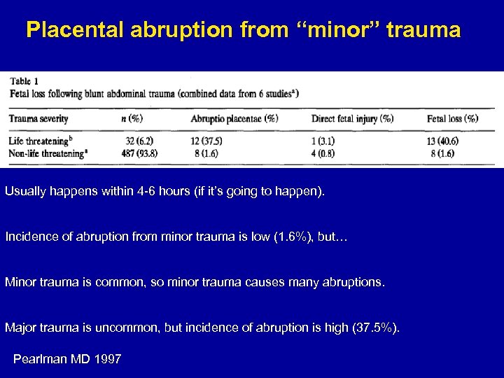 Placental abruption from “minor” trauma Usually happens within 4 -6 hours (if it’s going