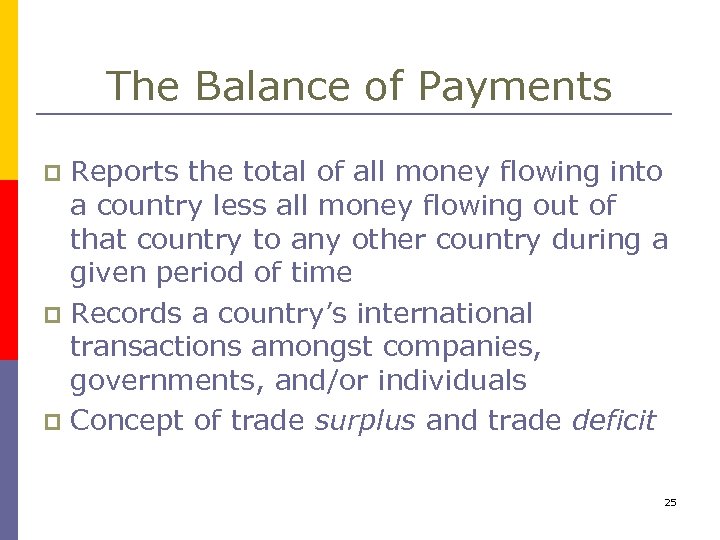 The Balance of Payments Reports the total of all money flowing into a country