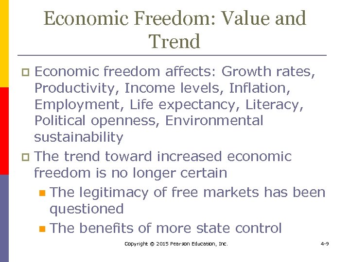 Economic Freedom: Value and Trend Economic freedom affects: Growth rates, Productivity, Income levels, Inflation,