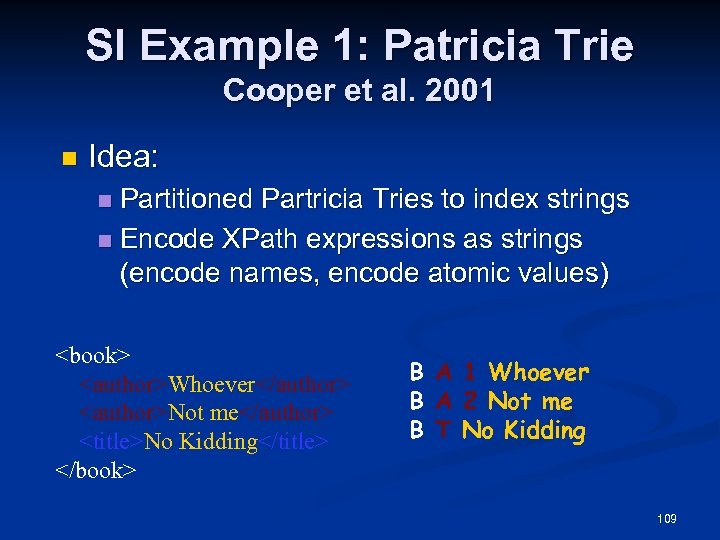 SI Example 1: Patricia Trie Cooper et al. 2001 n Idea: Partitioned Partricia Tries