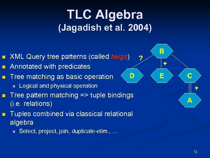 TLC Algebra (Jagadish et al. 2004) n n n XML Query tree patterns (called