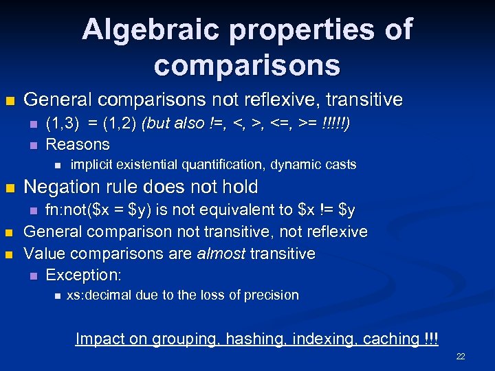 Algebraic properties of comparisons n General comparisons not reflexive, transitive n n (1, 3)