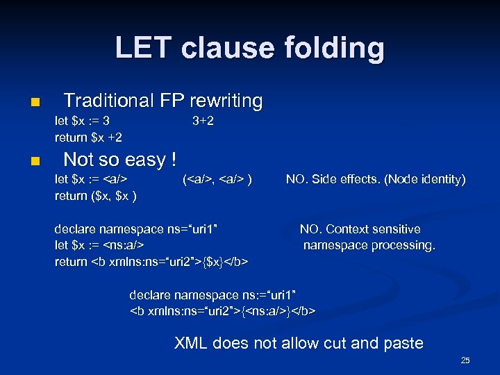 LET clause folding n Traditional FP rewriting let $x : = 3 3+2 return