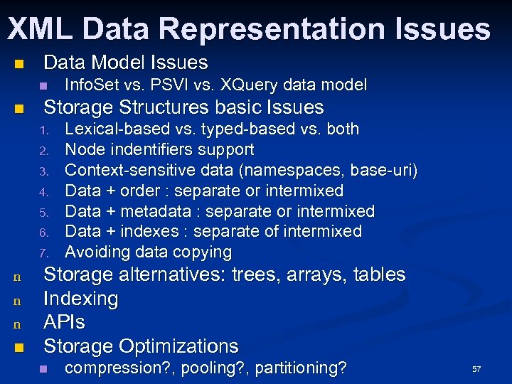 XML Data Representation Issues n Data Model Issues n n Storage Structures basic Issues