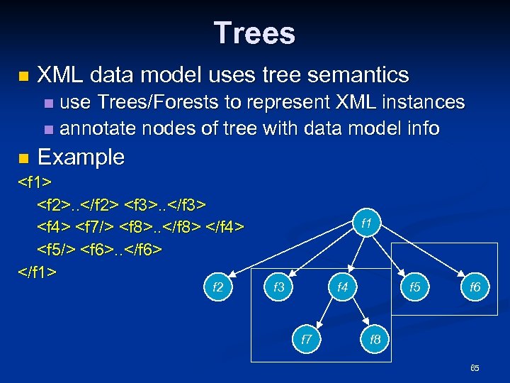 Trees n XML data model uses tree semantics use Trees/Forests to represent XML instances