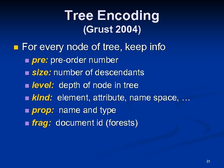 Tree Encoding (Grust 2004) n For every node of tree, keep info pre: pre-order