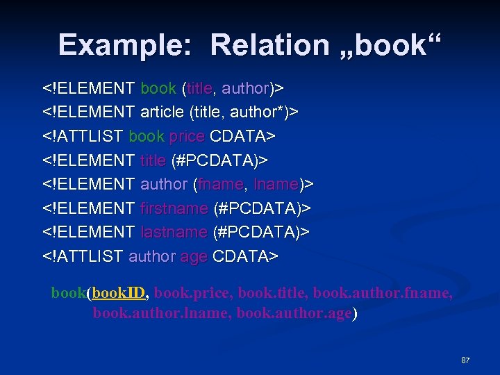 Example: Relation „book“ <!ELEMENT book (title, author)> <!ELEMENT article (title, author*)> <!ATTLIST book price