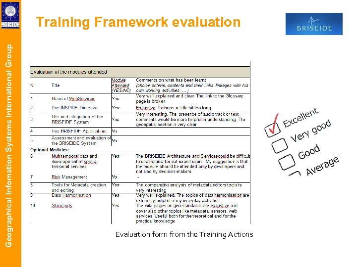 Geographical Infomation Systems International Group Training Framework evaluation Evaluation form from the Training Actions