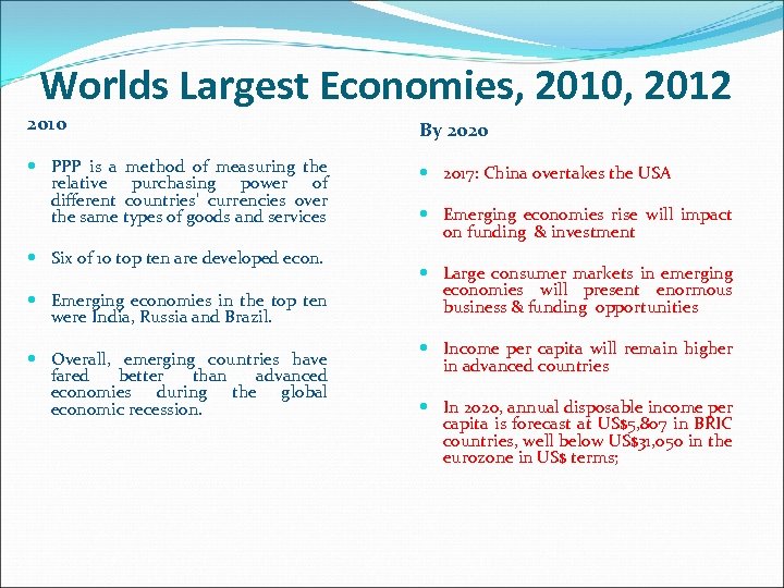 Worlds Largest Economies, 2010, 2012 2010 By 2020 PPP is a method of measuring