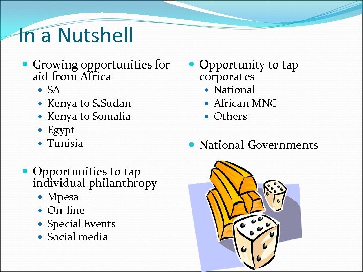 In a Nutshell Growing opportunities for aid from Africa SA Kenya to S. Sudan