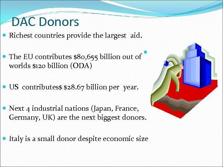 DAC Donors Richest countries provide the largest aid. The EU contributes $80, 655 billion