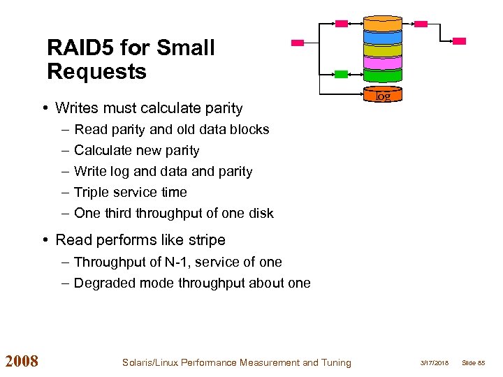 RAID 5 for Small Requests • Writes must calculate parity – – – log