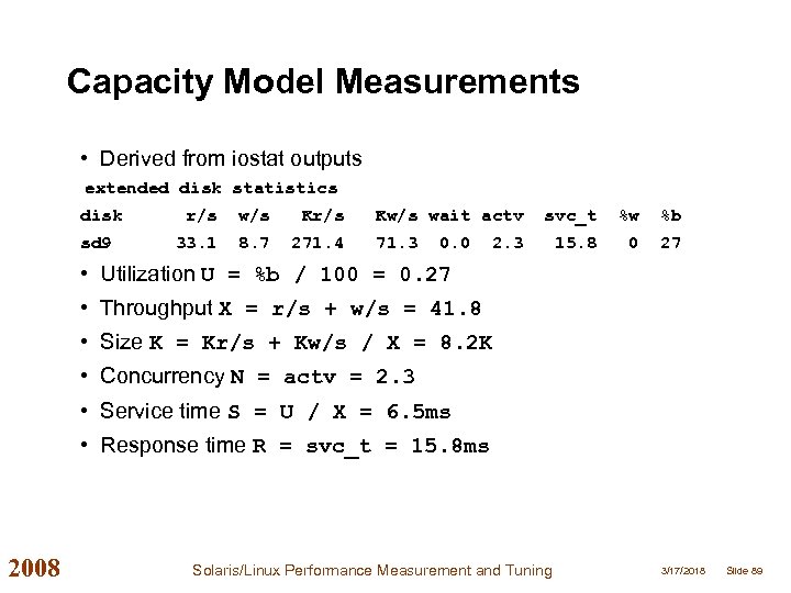 Capacity Model Measurements • Derived from iostat outputs extended disk statistics disk sd 9