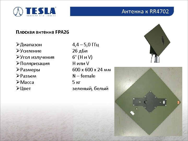 Антенна к RR 4702 Плоская антенна FPA 26 ØДиапазон ØУсиление ØУгол излучения ØПоляризация ØРазмеры