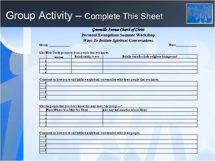 Group Activity – Complete This Sheet Greenville Avenue Church of Christ Personal Evangelism Summer