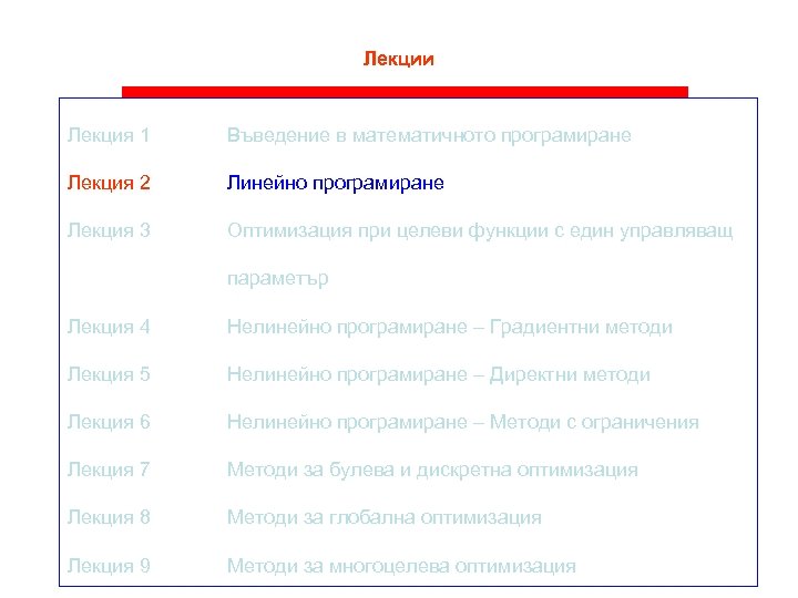 Лекции Лекция 1 Въведение в математичното програмиране Лекция 2 Линейно програмиране Лекция 3 Оптимизация