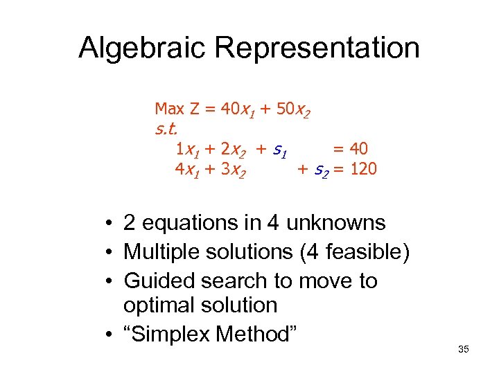 Algebraic Representation Max Z = 40 x 1 + 50 x 2 s. t.