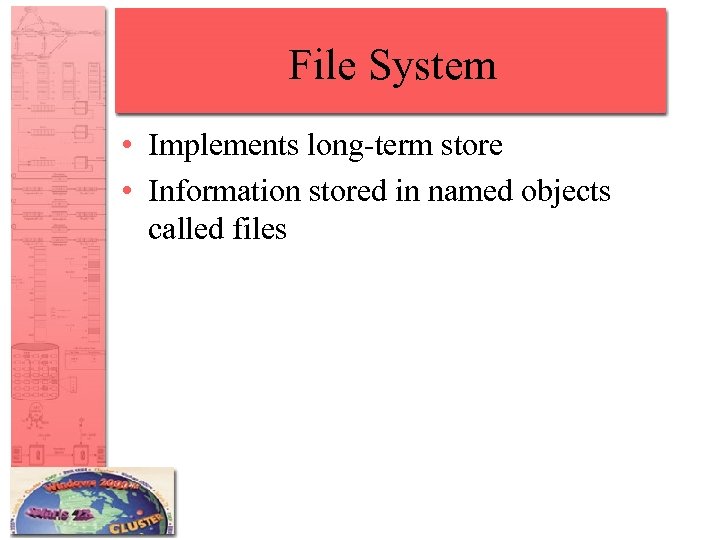 File System • Implements long-term store • Information stored in named objects called files