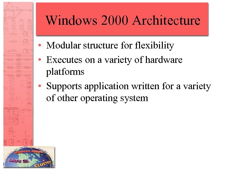 Windows 2000 Architecture • Modular structure for flexibility • Executes on a variety of