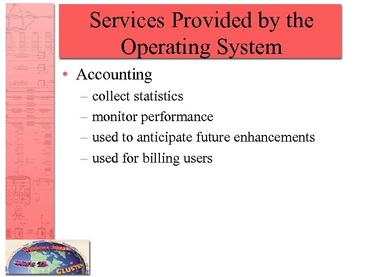 Services Provided by the Operating System • Accounting – collect statistics – monitor performance