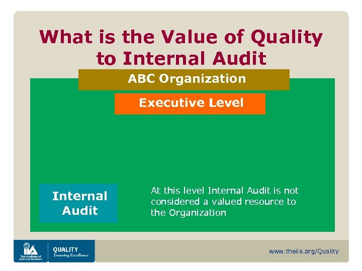 What is the Value of Quality to Internal Audit ABC Organization Executive Level Internal