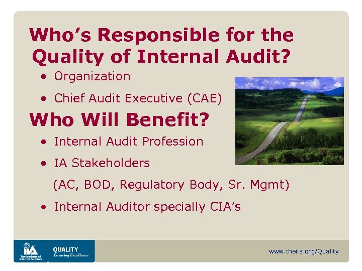 Who’s Responsible for the Quality of Internal Audit? • Organization • Chief Audit Executive